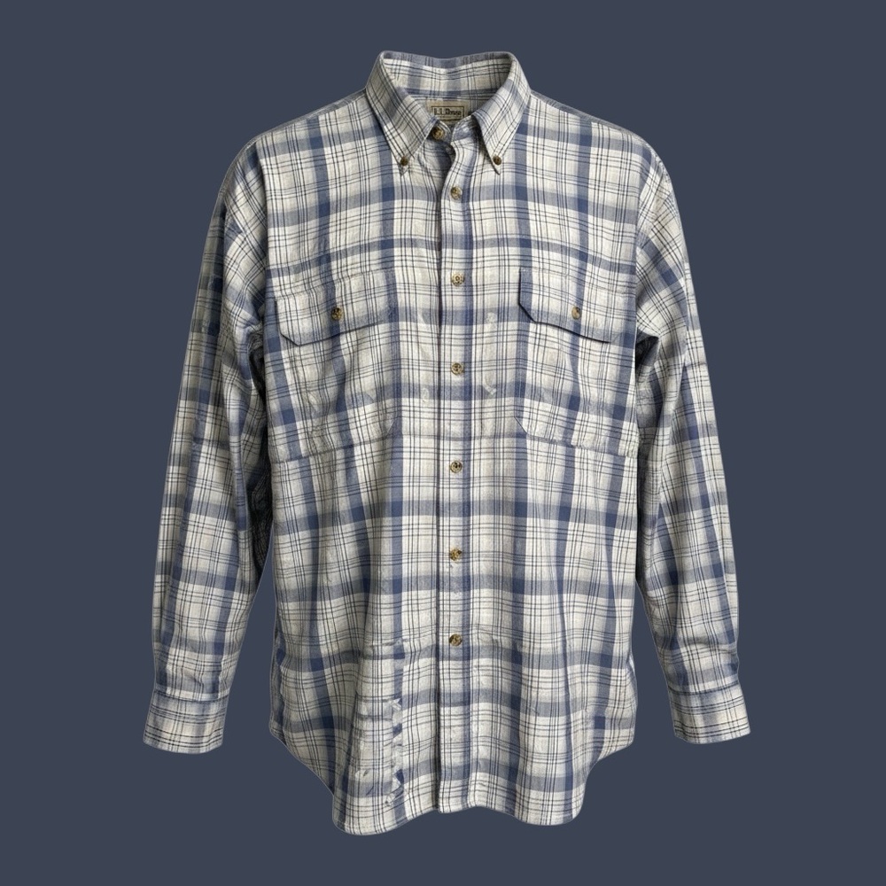 L.L. Bean Men's Navy and White Plaid Button Down Shirt, Size XL
